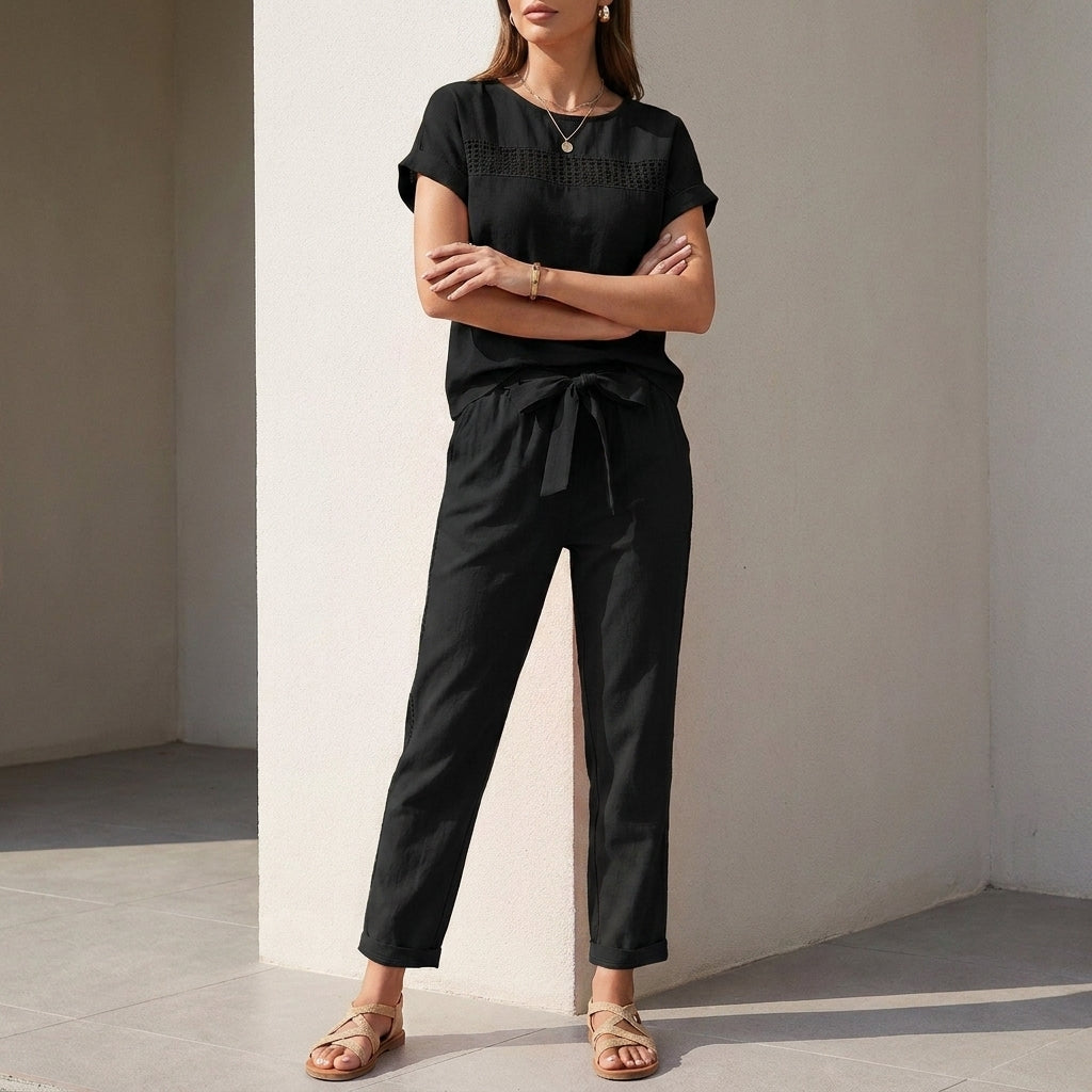 Lightweight Woven Two-Piece Set with Mesh Accents and Self-Tie Waist