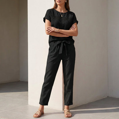 Lightweight Woven Two-Piece Set with Mesh Accents and Self-Tie Waist
