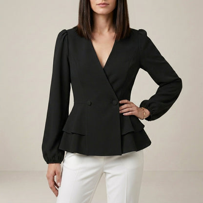 Tailored Peplum Wrap Blouse with Statement Sleeves
