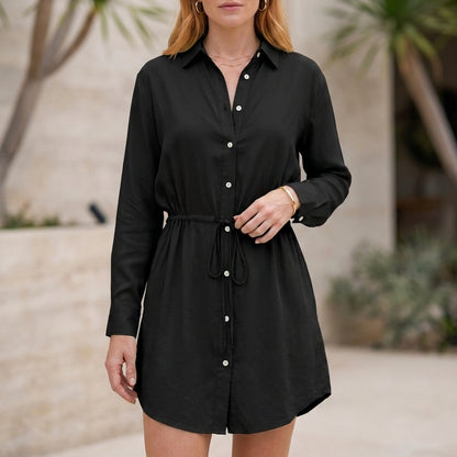 Cinched Waist Button-Front Shirt Dress Cover-Up