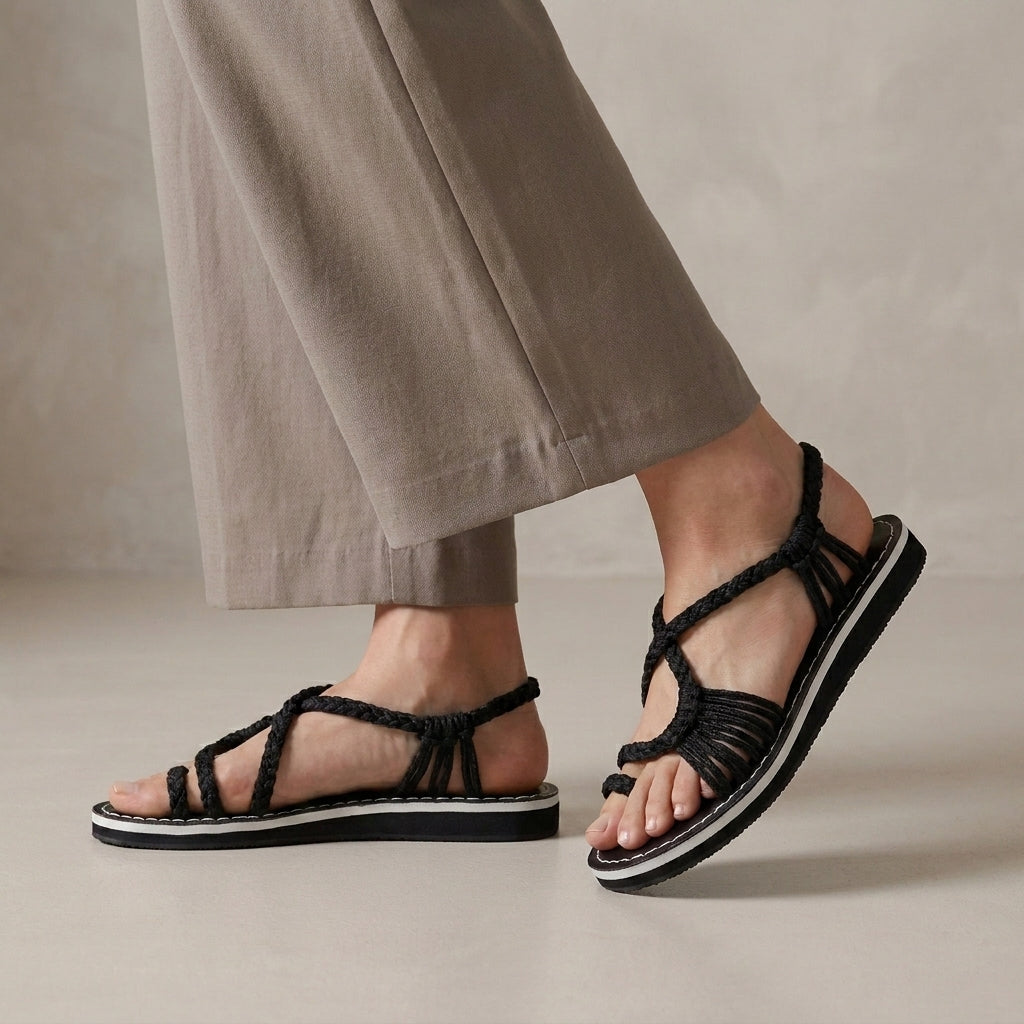 Braided Strappy Sandals with Wrapped Ankle and Contrast Stitching
