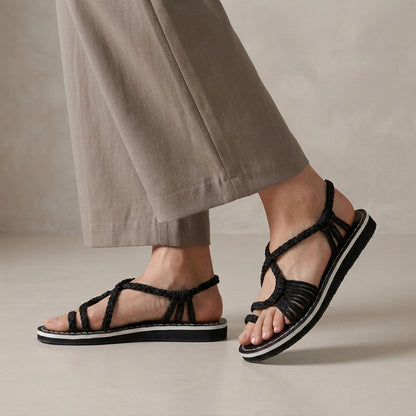 Braided Strappy Sandals with Wrapped Ankle and Contrast Stitching