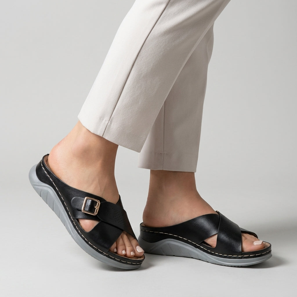 Buckle Accent Cross-Strap Comfort Slide Sandals