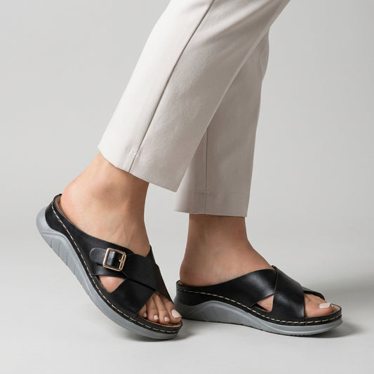Buckle Accent Cross-Strap Comfort Slide Sandals