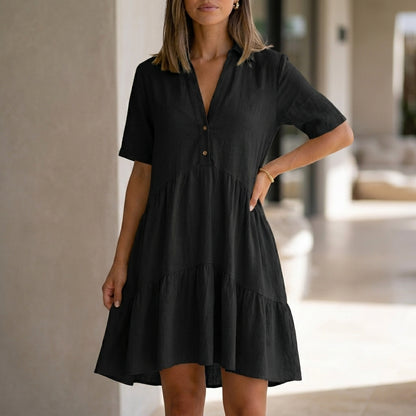 Relaxed Tiered Shirt Dress with Lapel Collar and Button Front