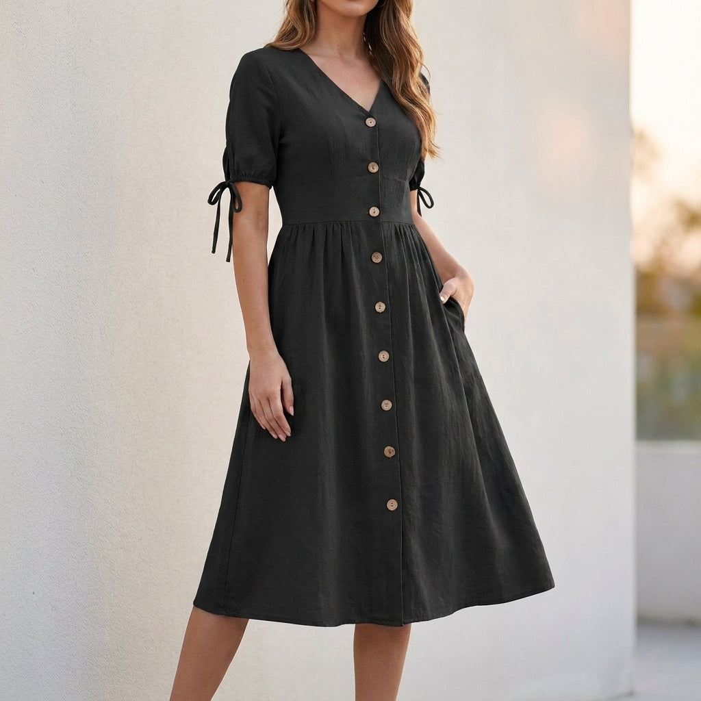 Structured Woven A-Line Midi Dress with V-Neck and Adjustable Sleeves
