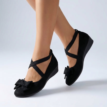 Fitted Wedge Loafers with Cross-over Straps and Bow Detail