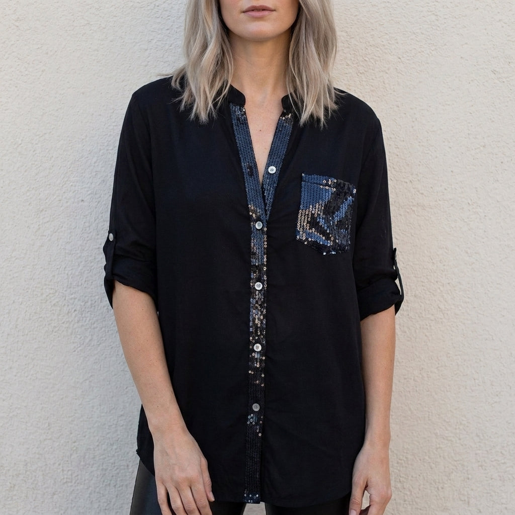 Relaxed Button-Front Statement Pocket Blouse