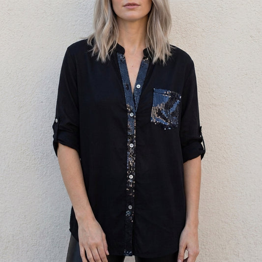 Relaxed Button-Front Statement Pocket Blouse