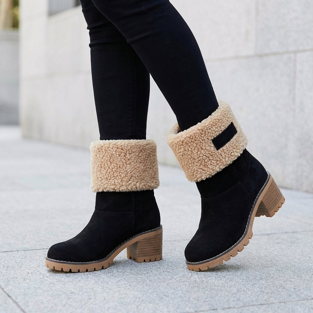 Mid-Calf Fur-Lined Boots with Lug Sole and Block Heel