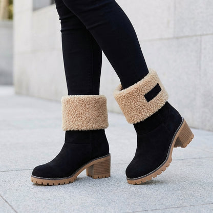 Mid-Calf Fur-Lined Boots with Lug Sole and Block Heel