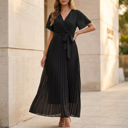Elegant Pleated Chiffon Maxi Dress with Wrap V-Neck and Flutter Sleeves