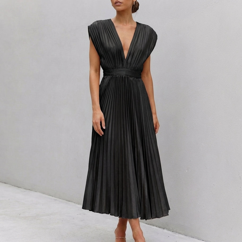 Alaina Midi Dress with Draped Bodice and Defined Waist