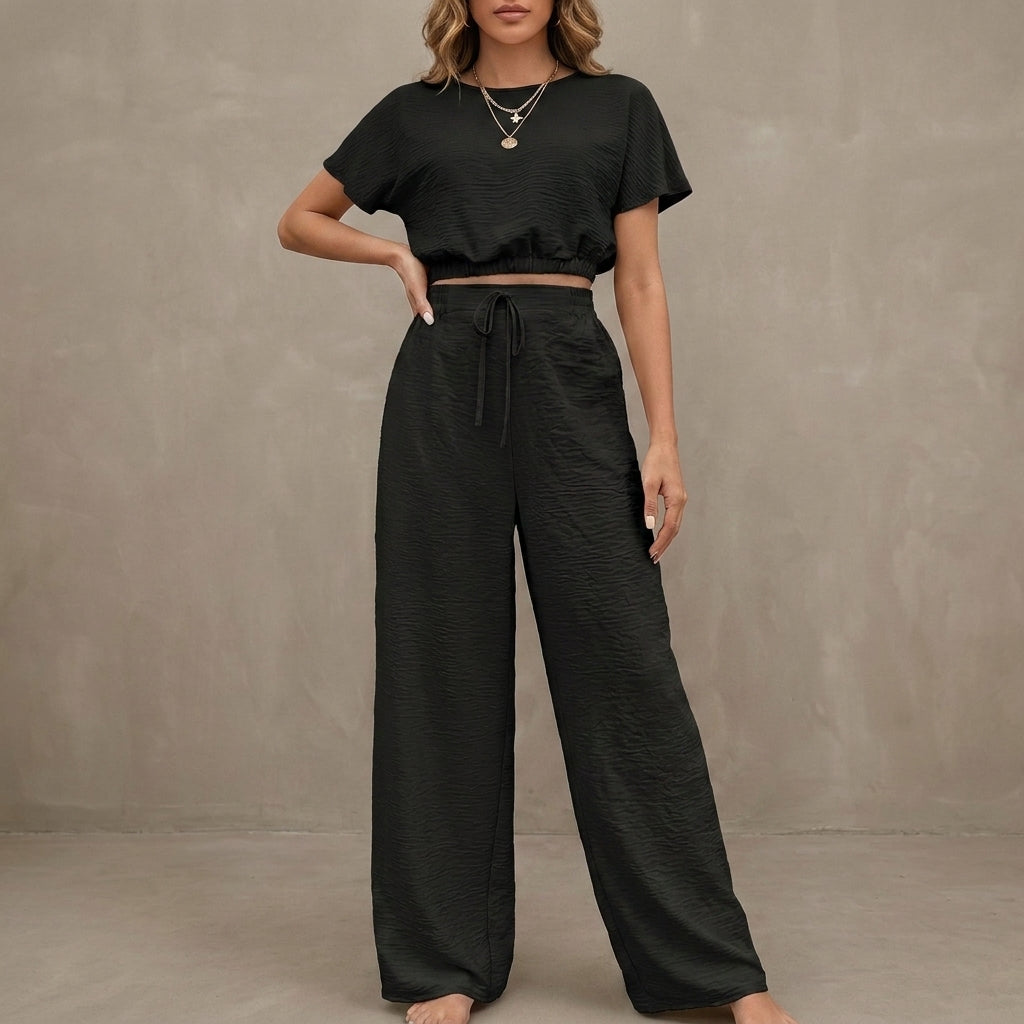 Coastal Breeze Textured Two-Piece Lounge Set with Wide-Leg Pants
