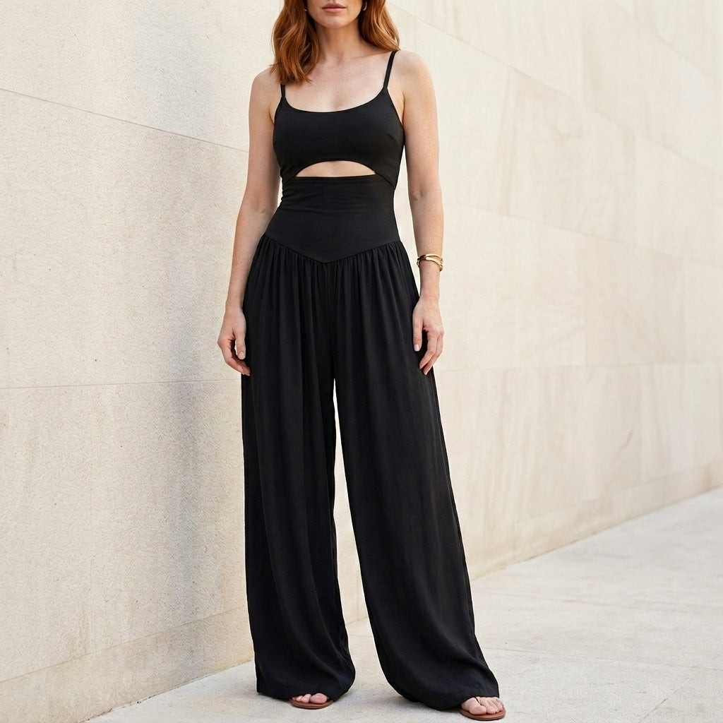 Open Back Cutout Jumpsuit with Flowing Wide-Leg Silhouette