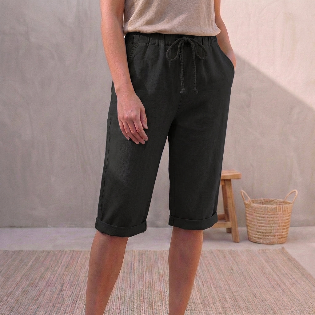Linen Relaxed-Fit Capri Pants with Drawstring Waist and Cuffed Hem