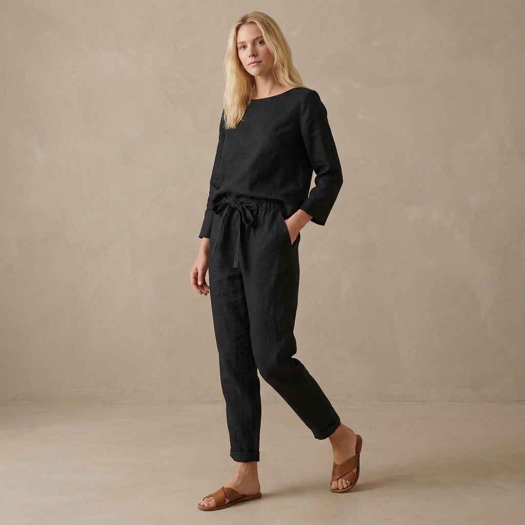 Relaxed Linen Two-Piece Set with Boat Neck Blouse and Drawstring Pants