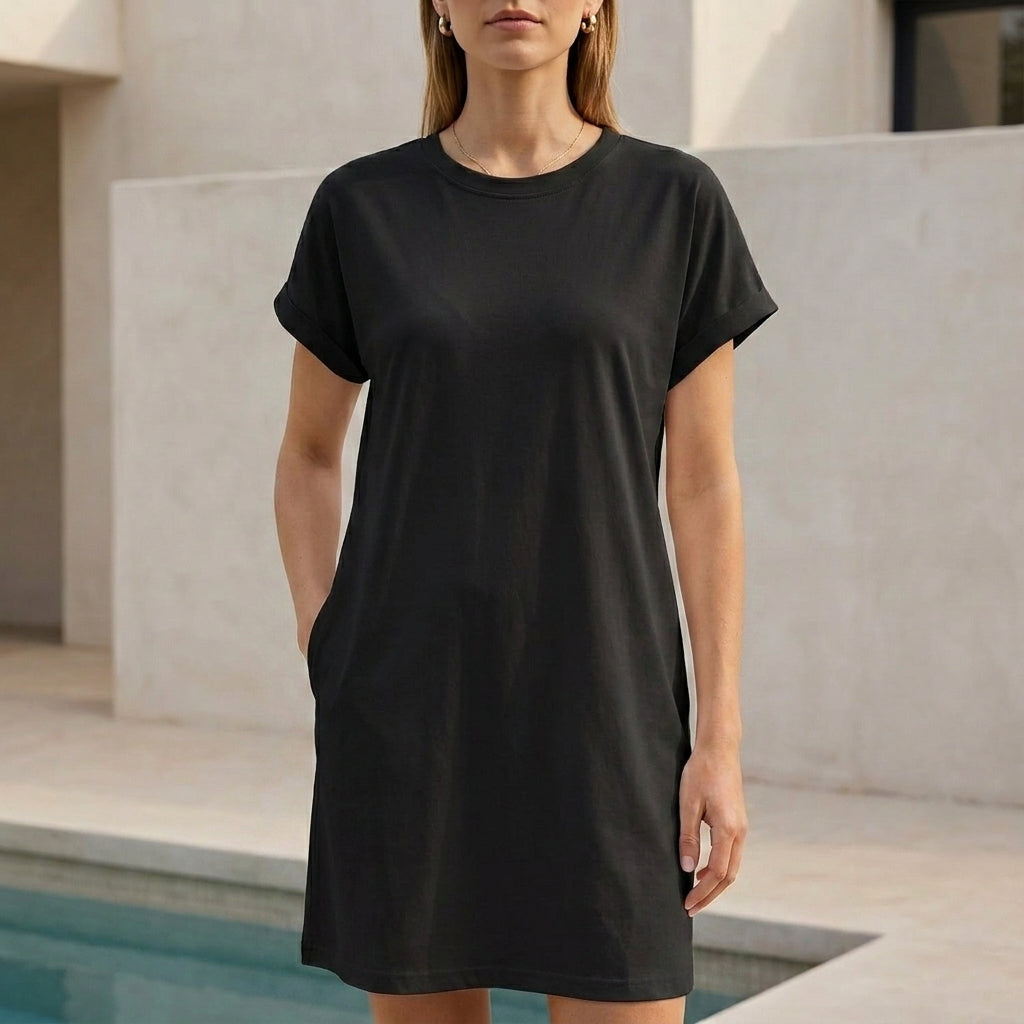 Relaxed Mini Dress with Ribbed Crew Neck and Rolled Cuffs