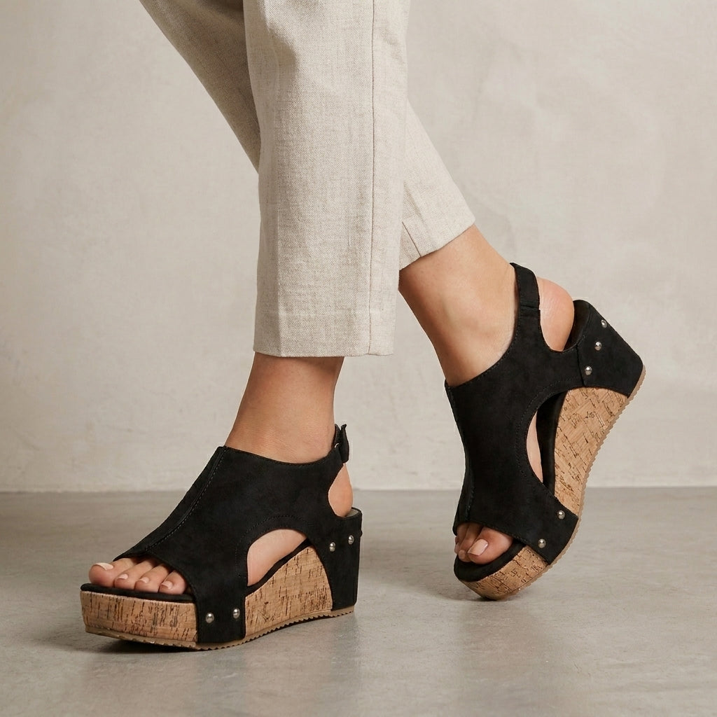 Modern Open-Toe Slip-On Wedge Sandals with Rivet Trim and Cork Platform