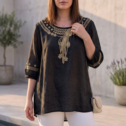 Bohemian-Inspired Relaxed Blouse with Eyelet Embroidery and 3/4 Sleeves