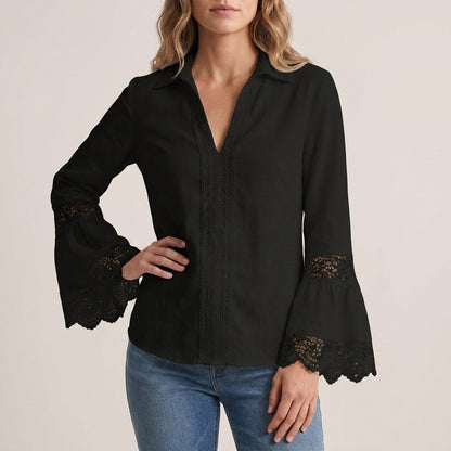 Relaxed Fit Lace-Trim Pullover Shirt with Bell Sleeves and V-Neck