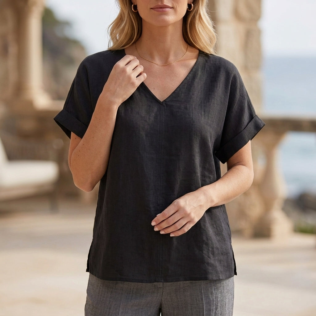 Effortless V-Neck Relaxed Fit Coastal Blouse