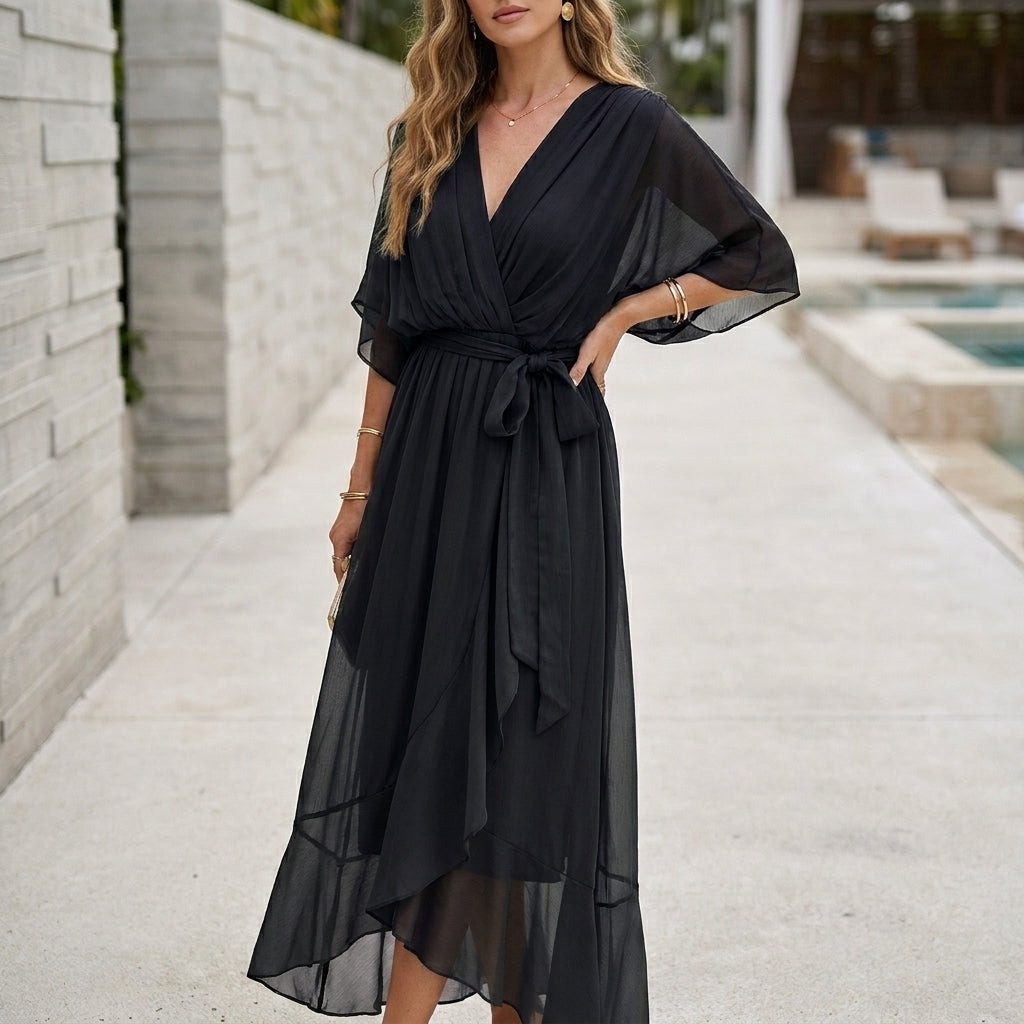 Flowing Midi Dress with Pleated Wrap Bodice and Ruffled Hem