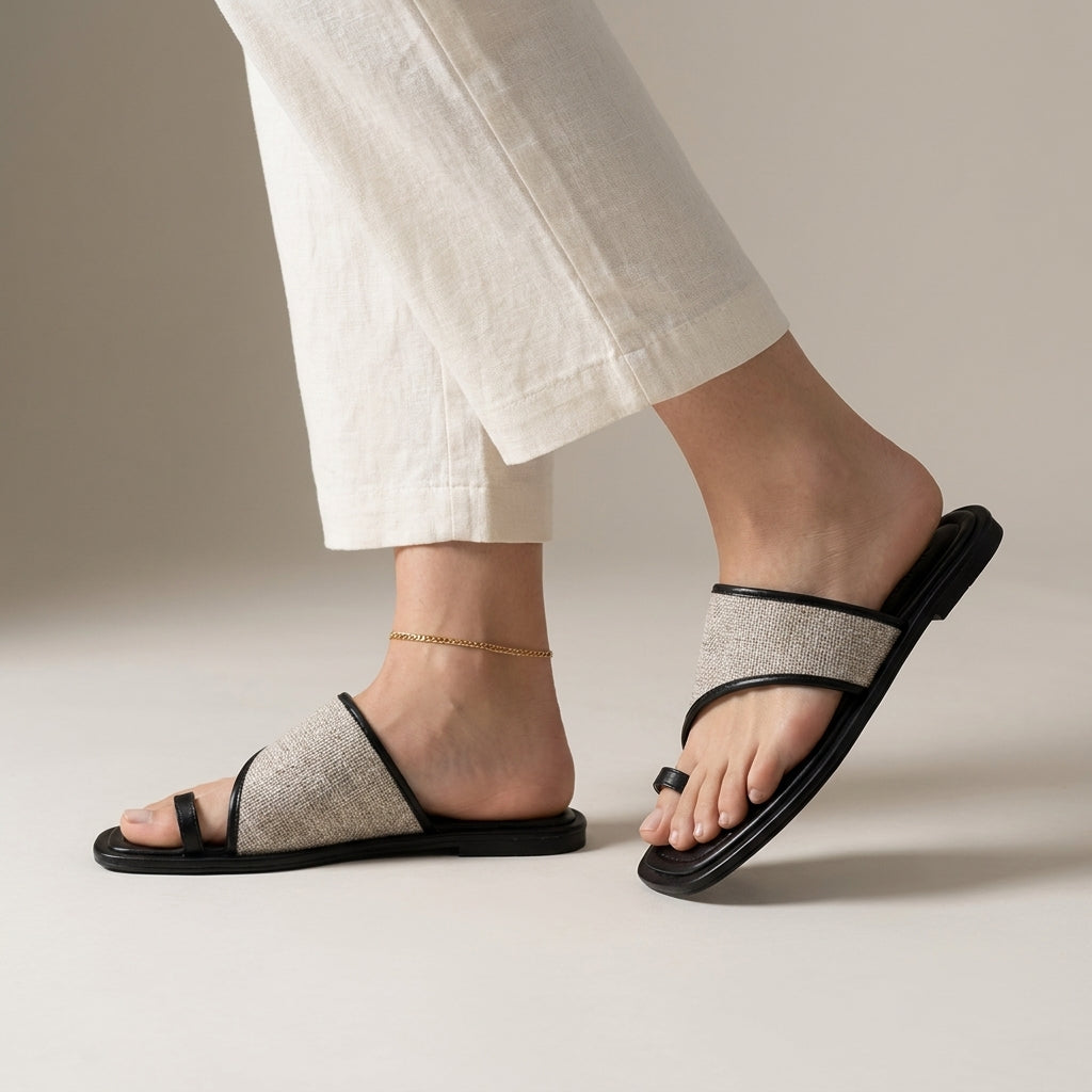 Asymmetrical Woven Toe-Loop Slide Sandals with Cushioned Footbed