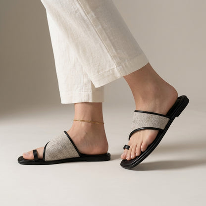 Asymmetrical Woven Toe-Loop Slide Sandals with Cushioned Footbed