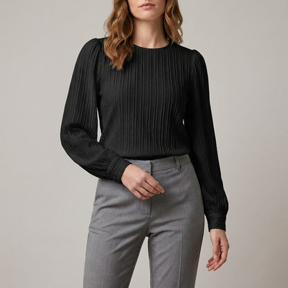 Refined Pleated Long Sleeve Blouse with Soft Puff Shoulders
