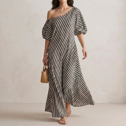 Striped One-Shoulder Maxi Dress with Relaxed Coastal Flow Silhouette