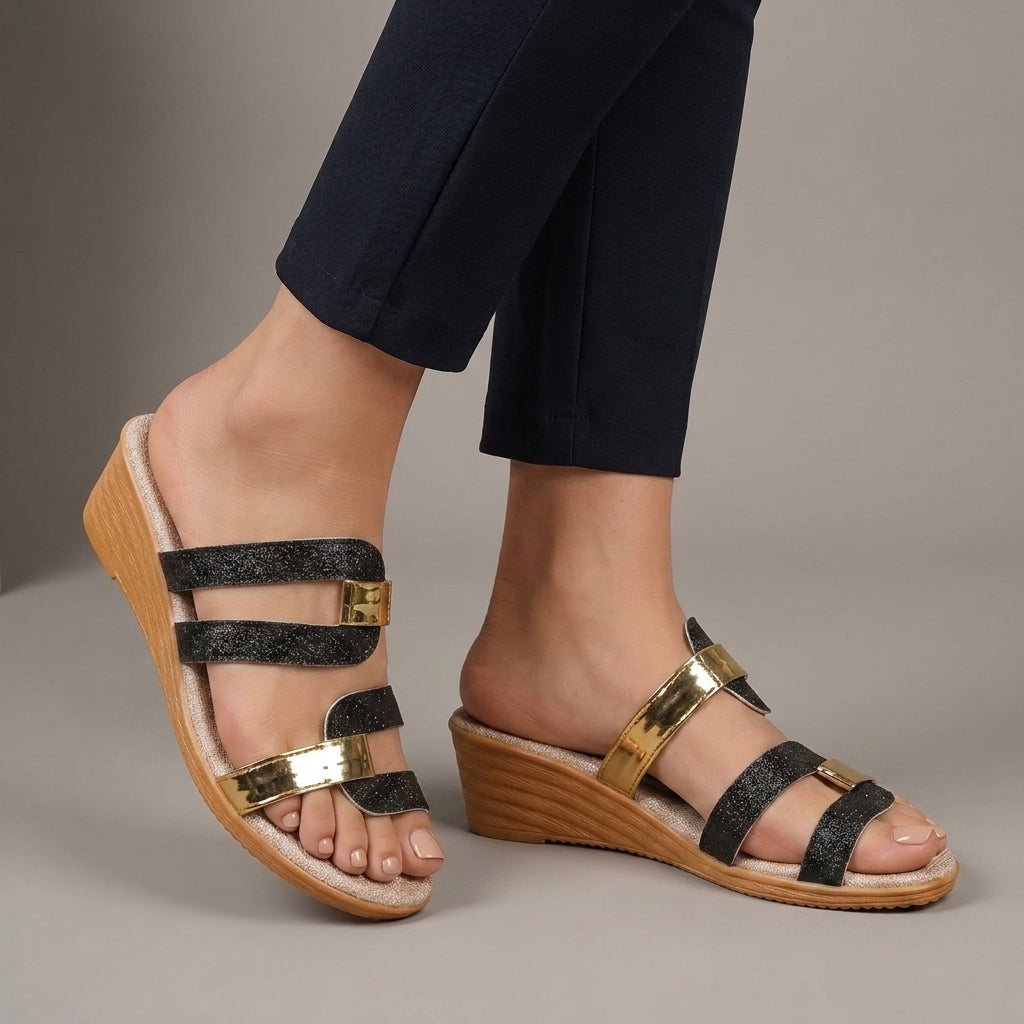 Shimmer Strap Wedge Sandals with Metallic Accent Details