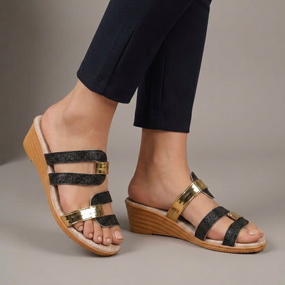 Shimmer Strap Wedge Sandals with Metallic Accent Details
