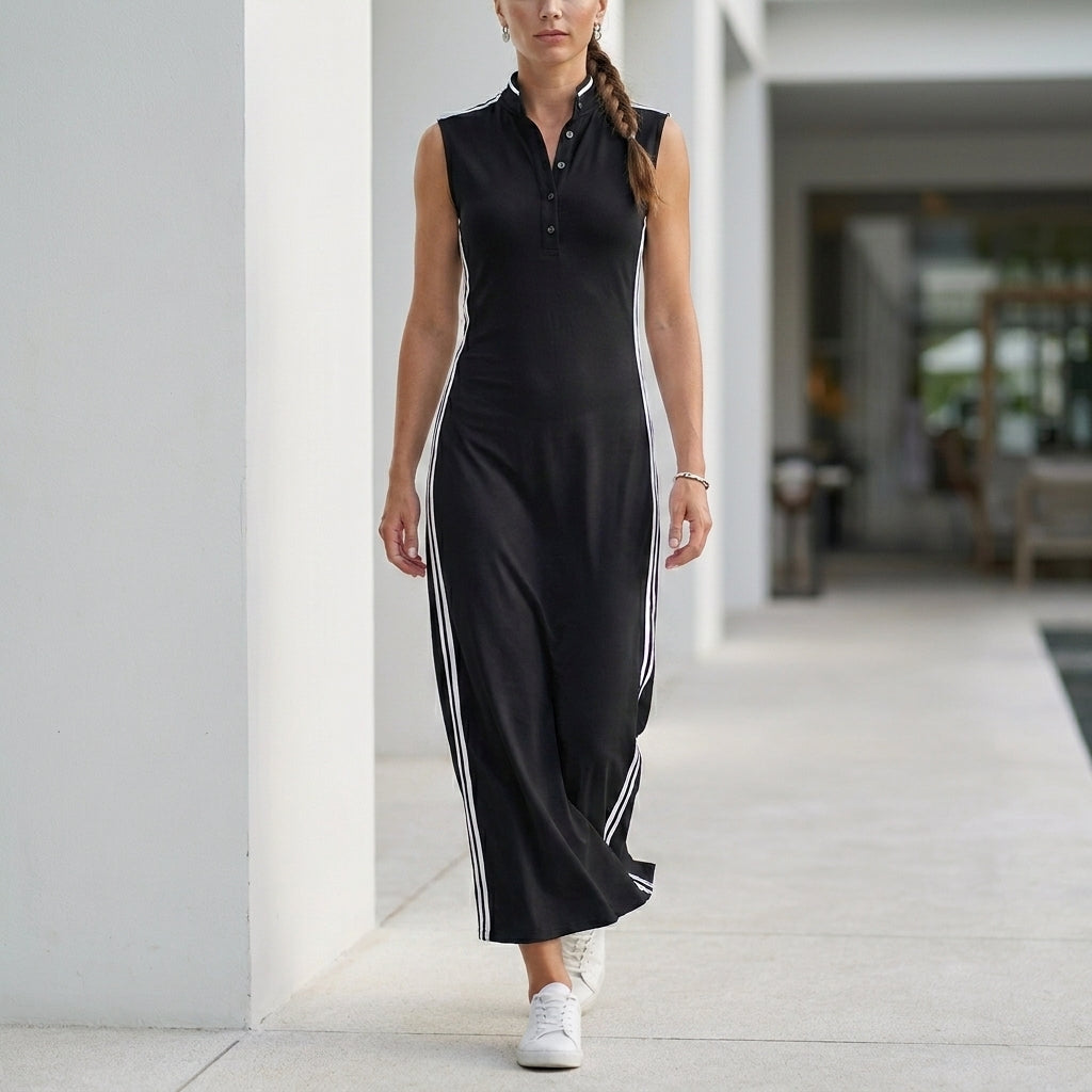 Sleeveless Henley Maxi Dress with Streamlined Side Stripes