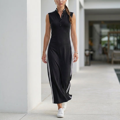 Sleeveless Henley Maxi Dress with Streamlined Side Stripes