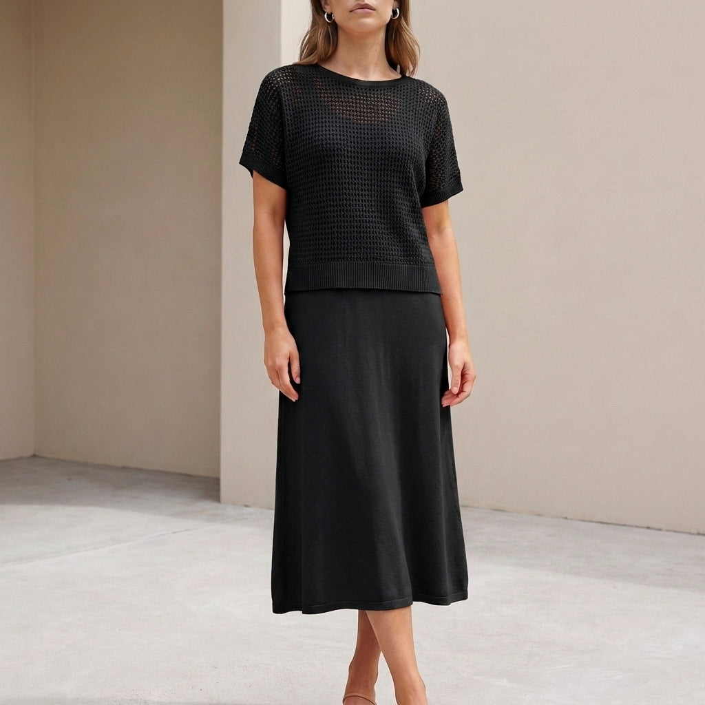 Flowing Midi Dress and Cropped Open-Knit Mesh Top Set