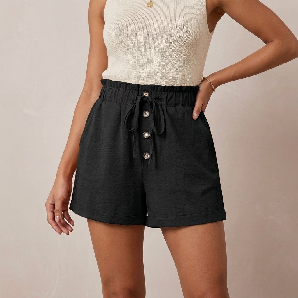 High Waist Woven Wide-Leg Shorts with Paperbag Waist and Drawstring