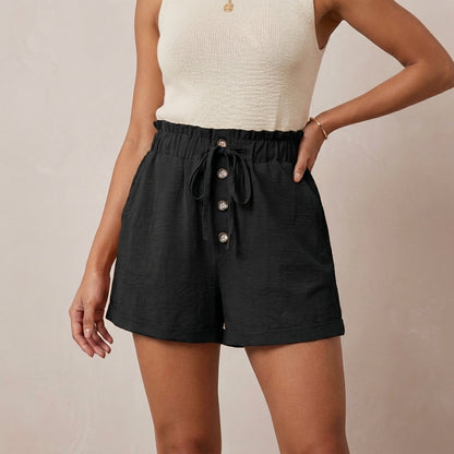 High Waist Woven Wide-Leg Shorts with Paperbag Waist and Drawstring