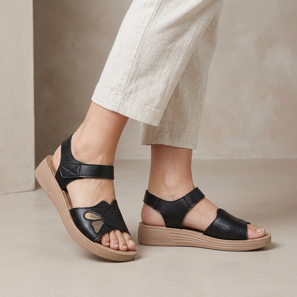 Elegant Wedge Sandal with Embroidered Butterfly and Cushioned Sole