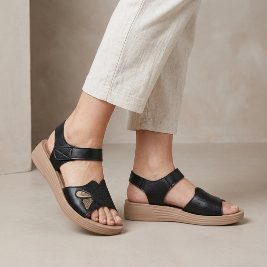 Elegant Wedge Sandal with Embroidered Butterfly and Cushioned Sole