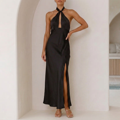 Twist Halter Maxi Dress with Elegant Draped Side Slit Silhouette