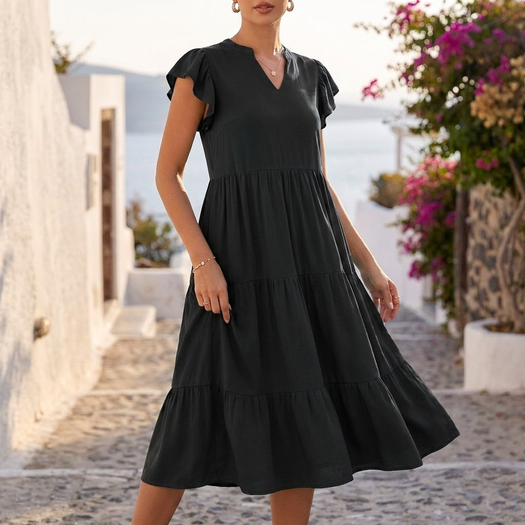 Tiered Flutter Sleeve Mini Dress with Notched Neckline