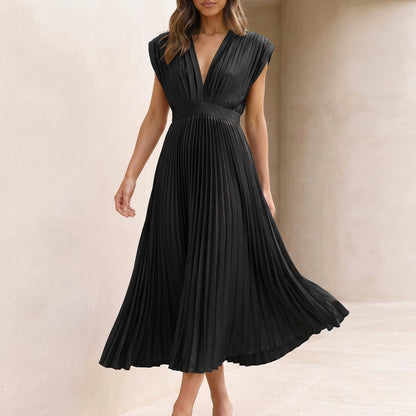 Flowing Pleated Maxi Dress with Defined Waist and V-Neck