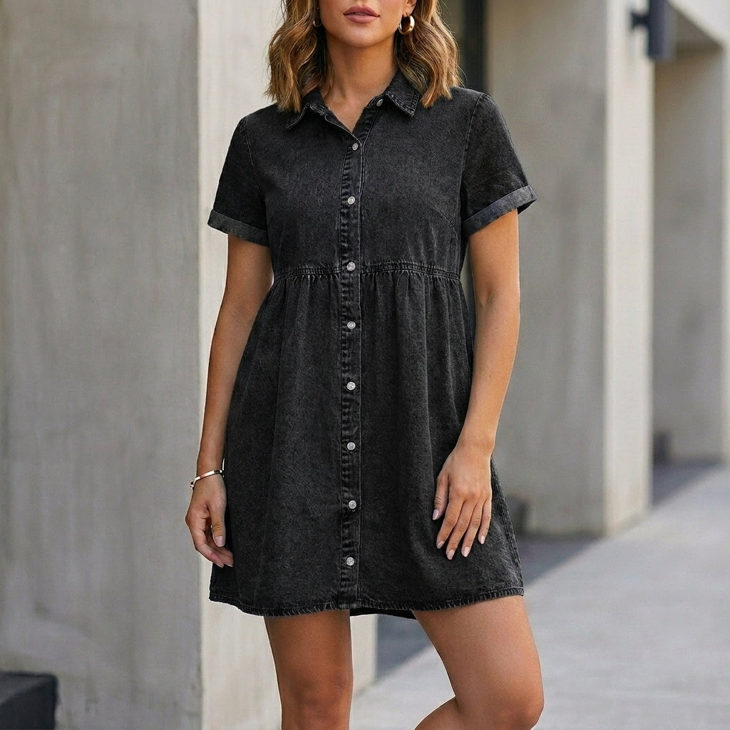 Washed Woven Ruffled Mini Shirt Dress with Babydoll Silhouette