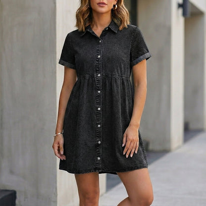 Washed Woven Ruffled Mini Shirt Dress with Babydoll Silhouette