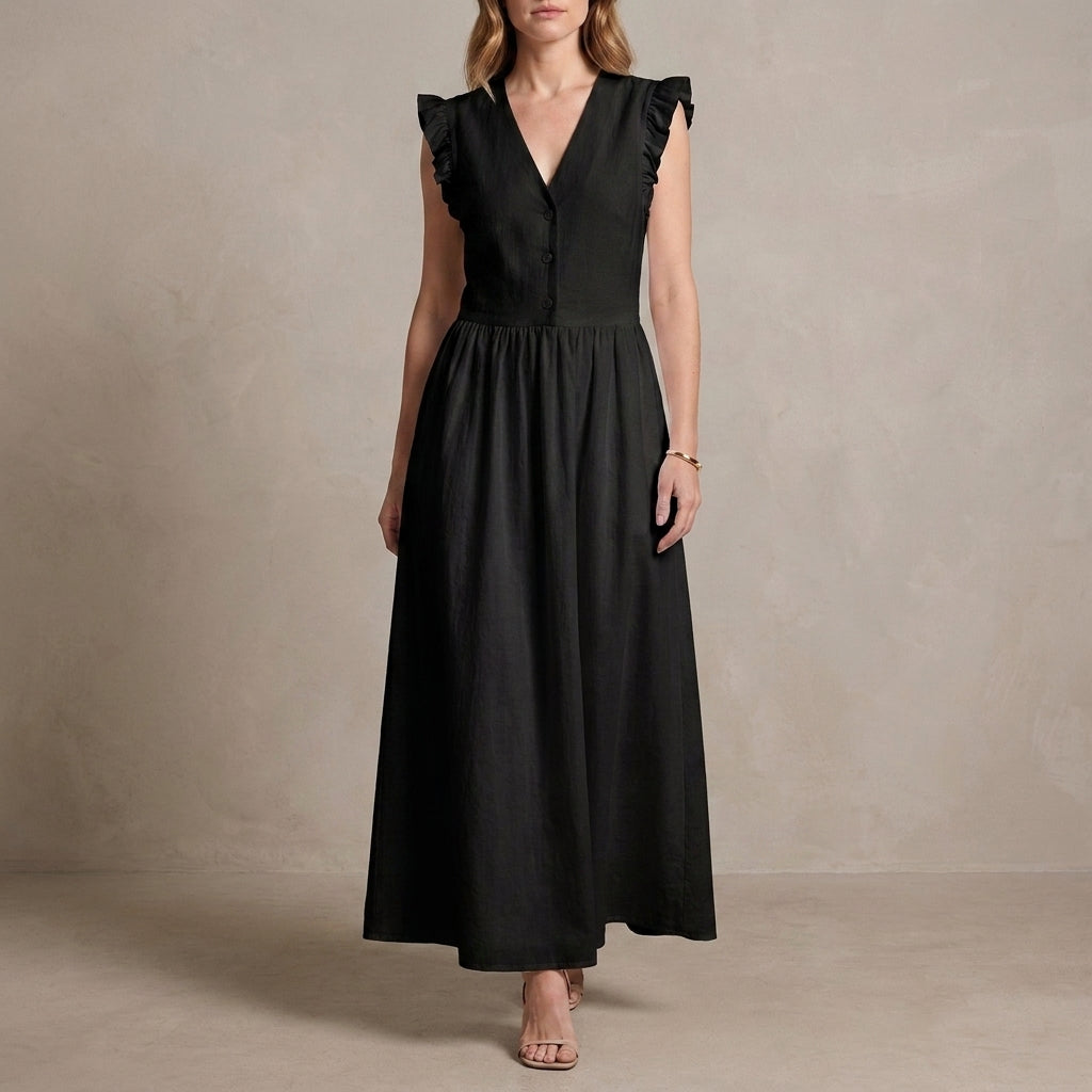 Graceful Ruffle Sleeve Button-Front Maxi Dress