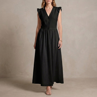 Graceful Ruffle Sleeve Button-Front Maxi Dress