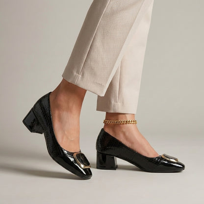 Textured Block Heel Pumps with Elegant Metallic Accent Detail