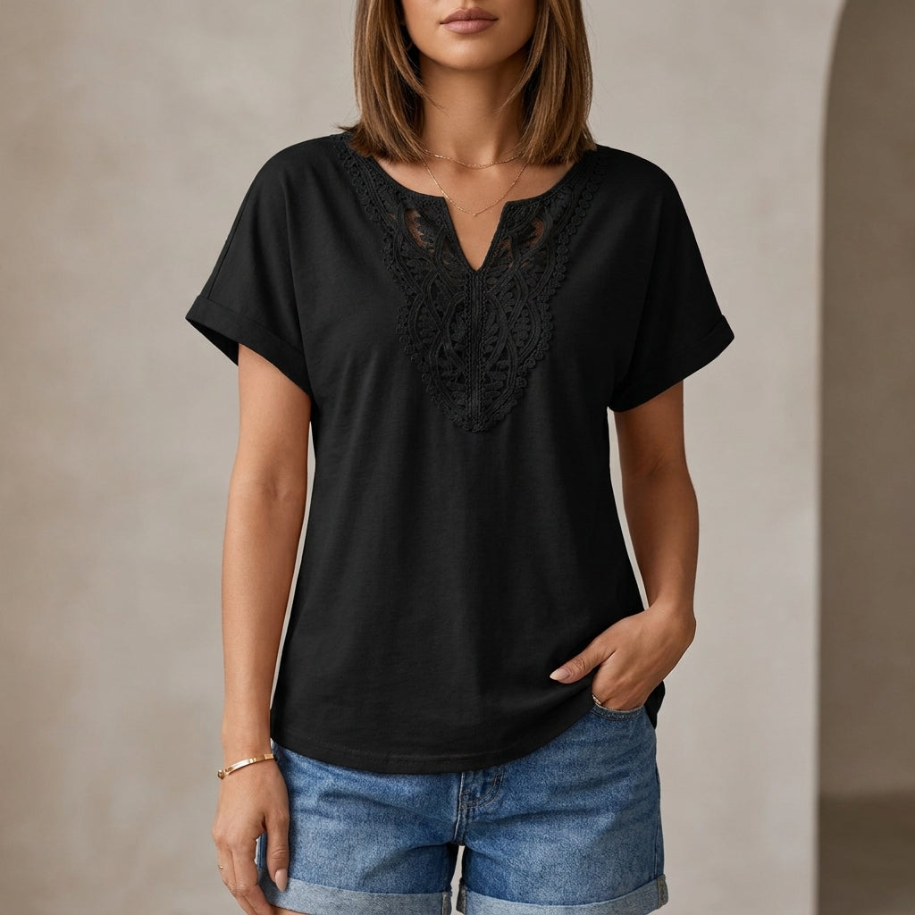 Relaxed V-Neck Lace-Embroidered Short Sleeve Knit Top