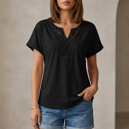 Relaxed V-Neck Lace-Embroidered Short Sleeve Knit Top